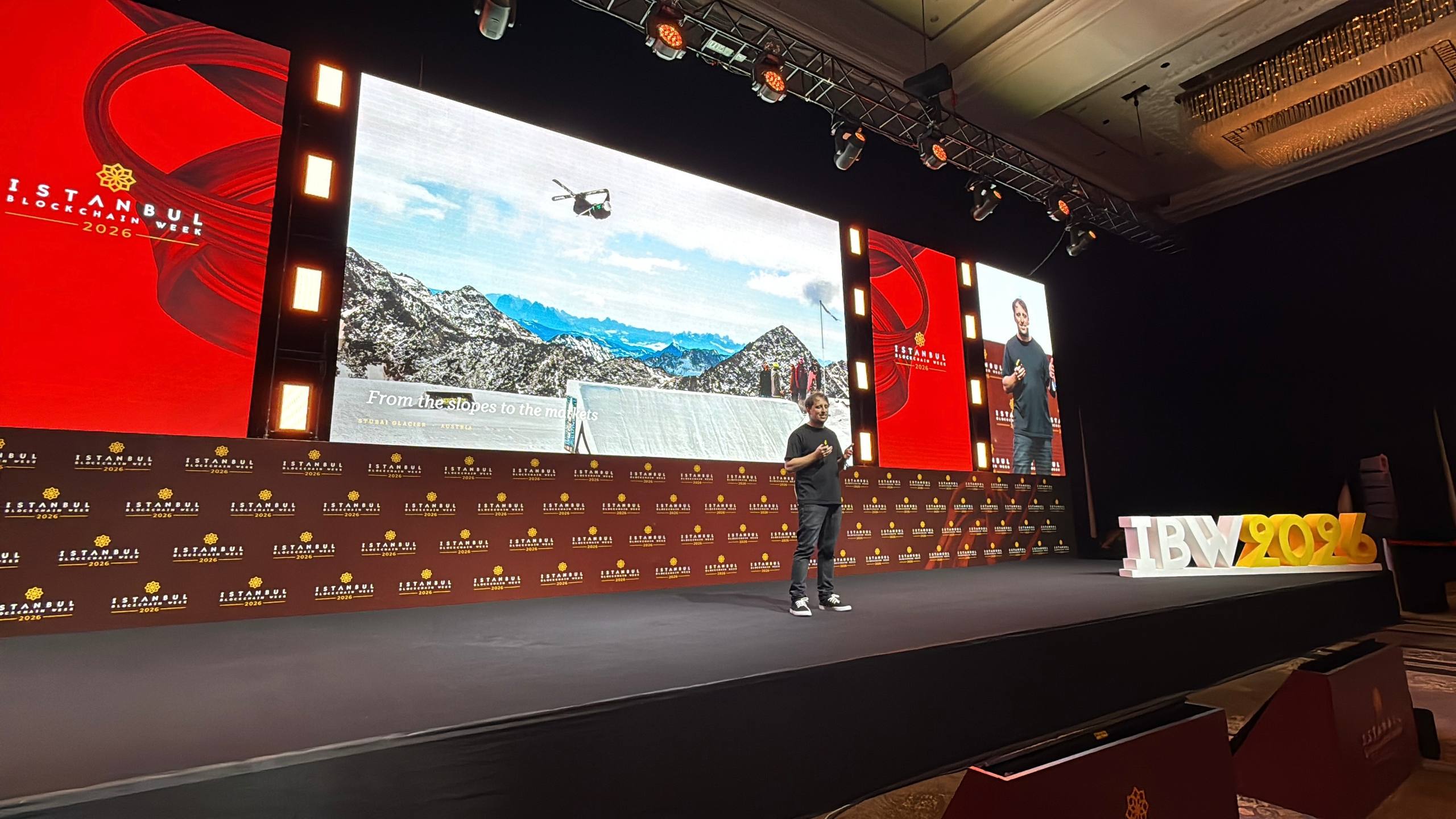 Bartek Sibiga keynote at Istanbul Blockchain Week with freestyle skiing imagery — From the slopes to the markets